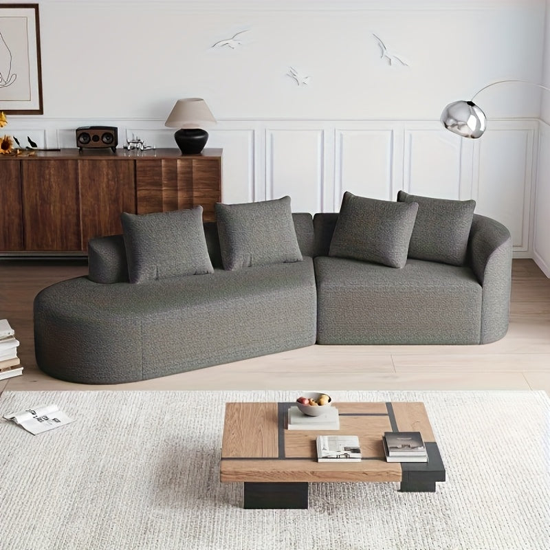 Hoekbank Oversized Hoeksalon Modulaire Bank Loungebank Modulair Zithoek – Grijs Neutrale Stof – Wolkvormige Rugkussens – 4 Sierkussens – Geschikt Voor 4 Personen