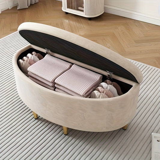 Opbergkoffer Bankje – Opbergkist Bank – Opbergbox Bankje – Schoenenbank – Halbank – Beige Velvet Bekleding – 90x40x42 cm – Metalen Pootjes