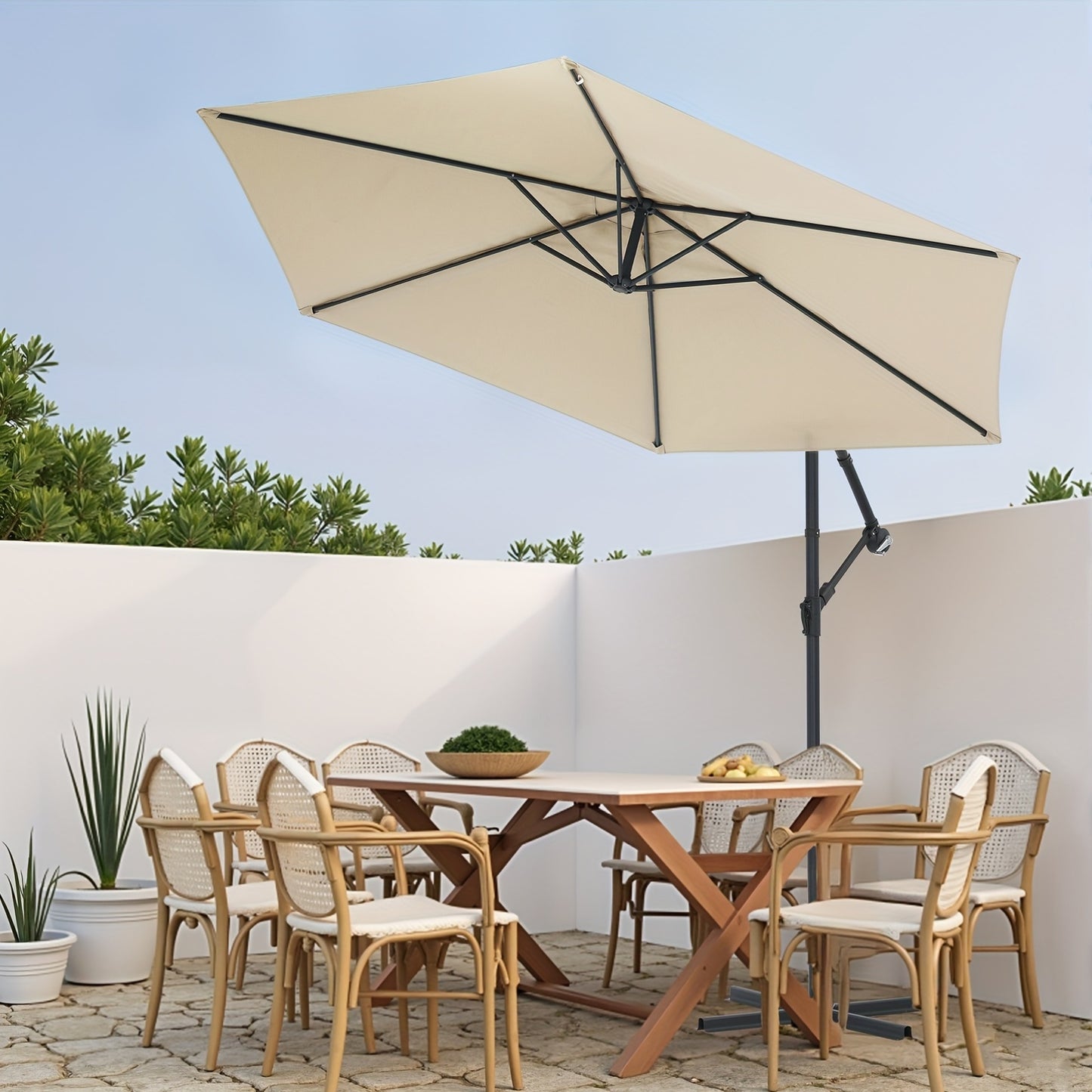 3x2m Cantilever Parasol with Cross Base - Heavy-Duty Outdoor Patio Umbrella, Manual Crank Handle, 6-Rib Stability, Adjustable Height & Tilt, Beige Canopy for Pool, Garden, Balcony, Commercial/Residential Use - Easy Installati