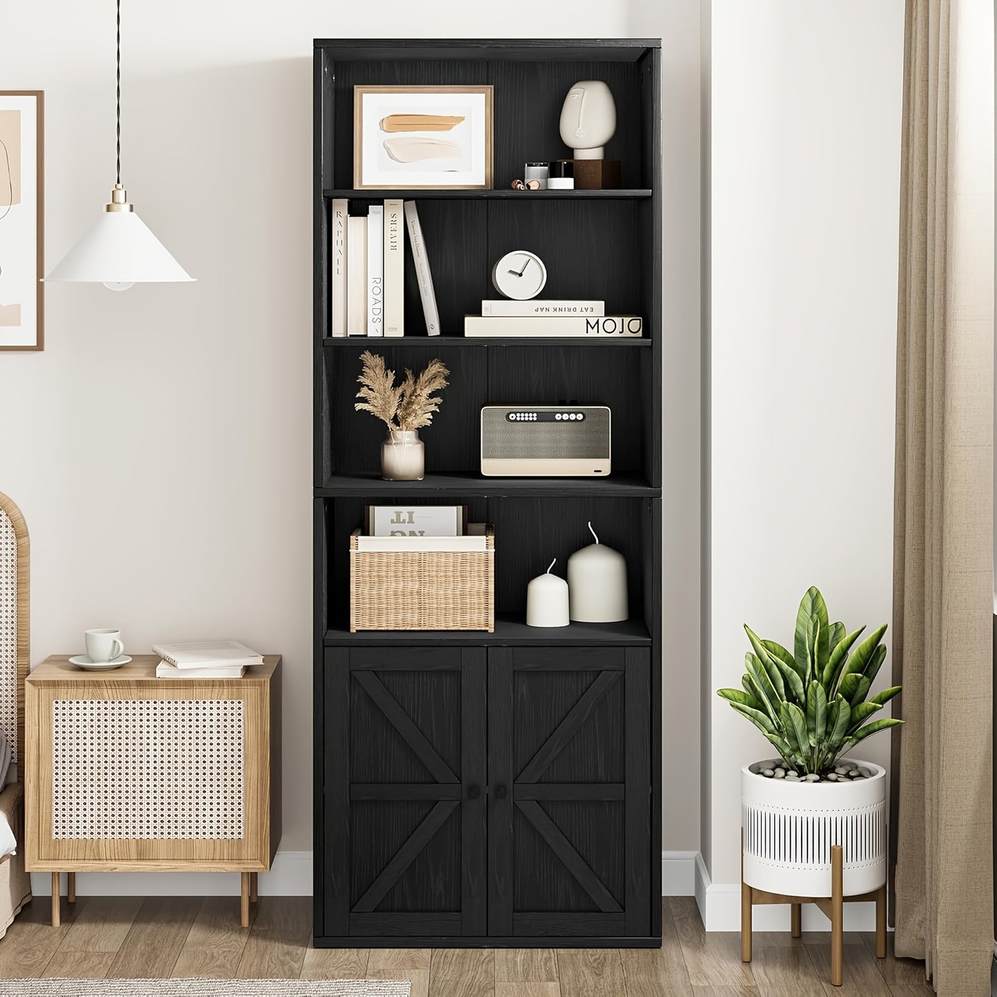 Boekenkast – Boekenrek – Open Kast – Vakkenkast – Opbergrek – Wit Hout – 6 Vakken Met Deuren – Robuust Hardhout – Vrijstaand – Eenvoudige Montage