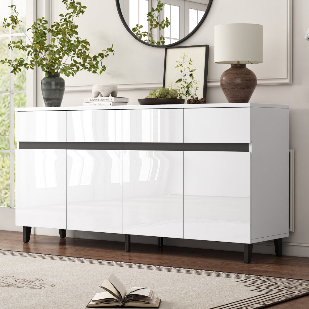 Moderne Kast – Opbergkast – Ladekast – Hoogglans Kast – Dressoir – Wit Hoogglans – 4 Ruime Lades – Verstelbare Planken