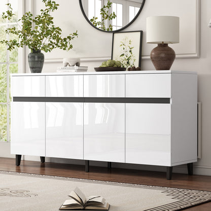 Moderne Kast – Opbergkast – Ladekast – Hoogglans Kast – Dressoir – Wit Hoogglans – 4 Ruime Lades – Verstelbare Planken