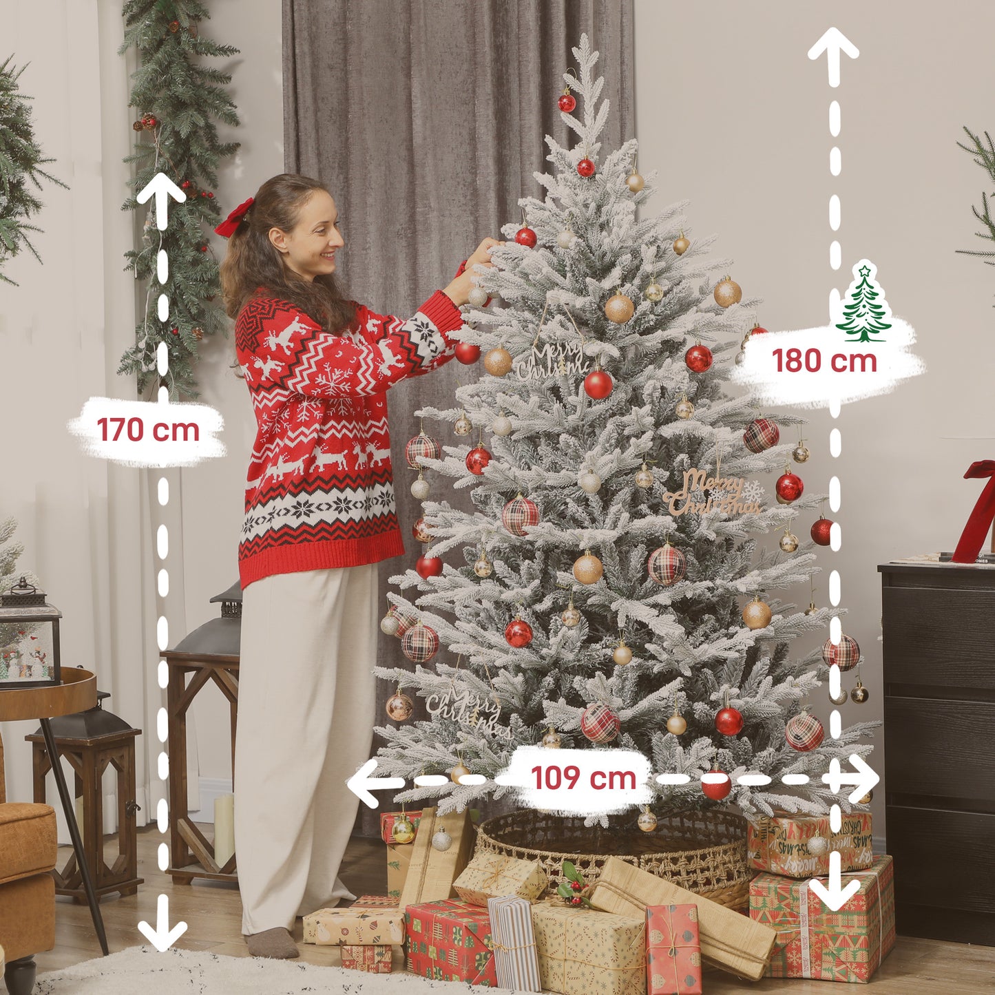 Artificial Christmas Tree 180 cm, Faux Pine Tree with Snow, 1976 Tips for Indoor Use