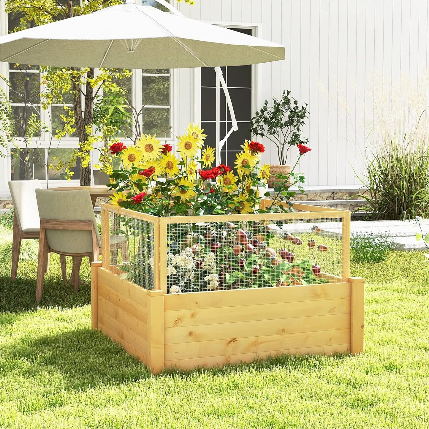 Houten Hoogtebak – Verhoogde Plantbak – Tuinbak Met Omheining – Plantenbak Voor Kruiden – Groentebak – 107x107x70 cm – 9 Plantvakken – Weerbestendig Natuurlijk Hout