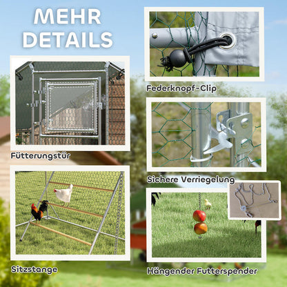 Large Chicken Coop with Automatic Feeder & UV-Resistant High Quality Roof - Heavy-Duty Steel Frame, Spacious Outdoor/Indoor Run for 6-8 Chickens, Easy Assembly, Predator-Proof Design, Ventilation Mesh Walls & Floor, Durable M