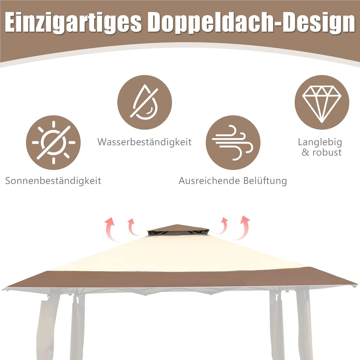 Paviljoen – Tuinpaviljoen – Tuintent – Gardentent – Pavilion 4x4m – Waterdicht – Dubbel Dak – UV Bescherming 50+ – Stevig Stalen Frame – Opvouwbaar Met Trolleytas – Winterbestendig – Bruin-Beige