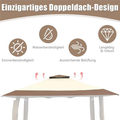 Paviljoen – Tuinpaviljoen – Tuintent – Gardentent – Pavilion 4x4m – Waterdicht – Dubbel Dak – UV Bescherming 50+ – Stevig Stalen Frame – Opvouwbaar Met Trolleytas – Winterbestendig – Bruin-Beige