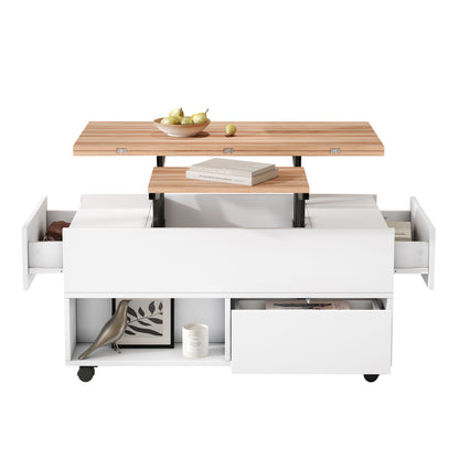 Salontafel – Koffietafel – Tafel – Bijzettafel – Woonkamertafel – Wit Zwart – Verstelbaar Blad Met Wieltjes – Metalen Frame – 4 Laden & Extra Opbergruimte – 100x50x52 cm