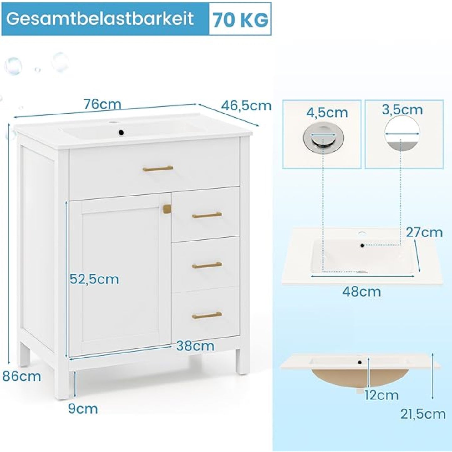 Badkamermeubel – Wastafelmeubel – Onderkast – Waschtafelkast – Badkamerkast – Keramische Wastafel – 2 Schuifladen – Vochtbestendig MDF – Compact 76x46,5x86,5 cm