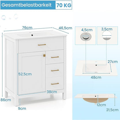 Badkamermeubel – Wastafelmeubel – Onderkast – Waschtafelkast – Badkamerkast – Keramische Wastafel – 2 Schuifladen – Vochtbestendig MDF – Compact 76x46,5x86,5 cm