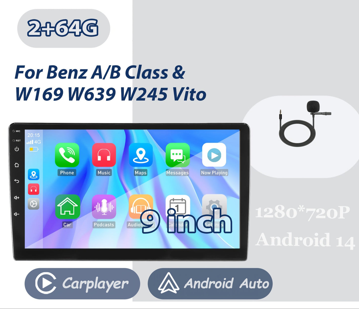 Autoradio – Car Stereo – Multimedia Speler – Auto Radio – 2-DIN Radio – Android 14 – 9 Inch IPS Touchscreen – Draadloos CarPlay & Handsfree Bellen met Microfoon