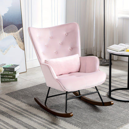 Schommelstoel – Fauteuil – Relaxstoel – Lounge Stoel – Schommelstoel Babykamer – Roze Velvet Bekleding – Hoog Houten Frame – Comfortabele Wingback Rugleuning