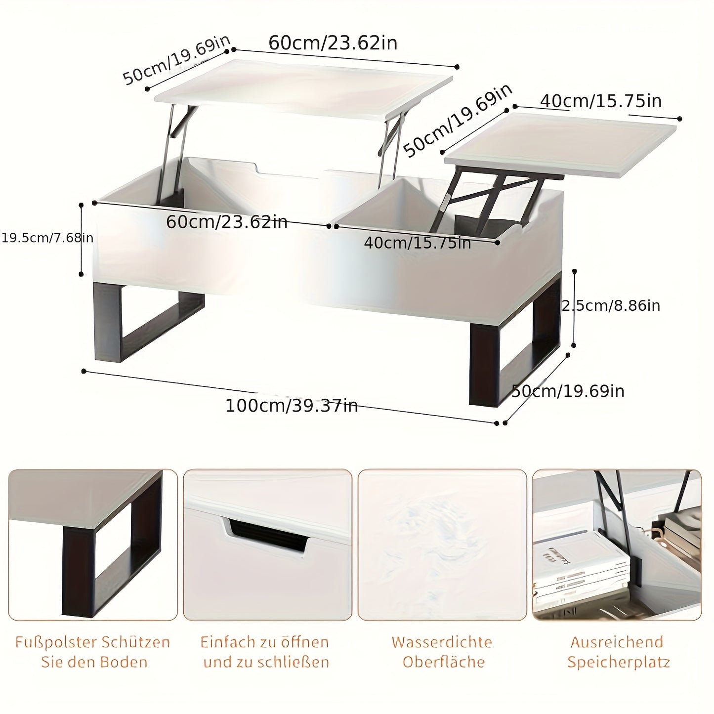 Salontafel – Woonkamertafel – Koffietafel – Bijzettafel – Sofa Tafel – Verstelbaar & Opvouwbaar – Met Verborgen Opbergruimte – Wit – 100x50x42 cm