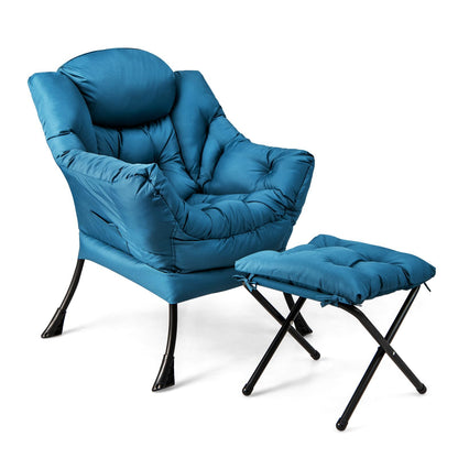 Luie Stoel – Lounge Fauteuil – Relaxzetel – Leunstoel – Leesstoel – Met Opvouwbare Poef – Met Armleuningen en Zijvak – Comfortabel Polyester – Stevig Metalen Frame
