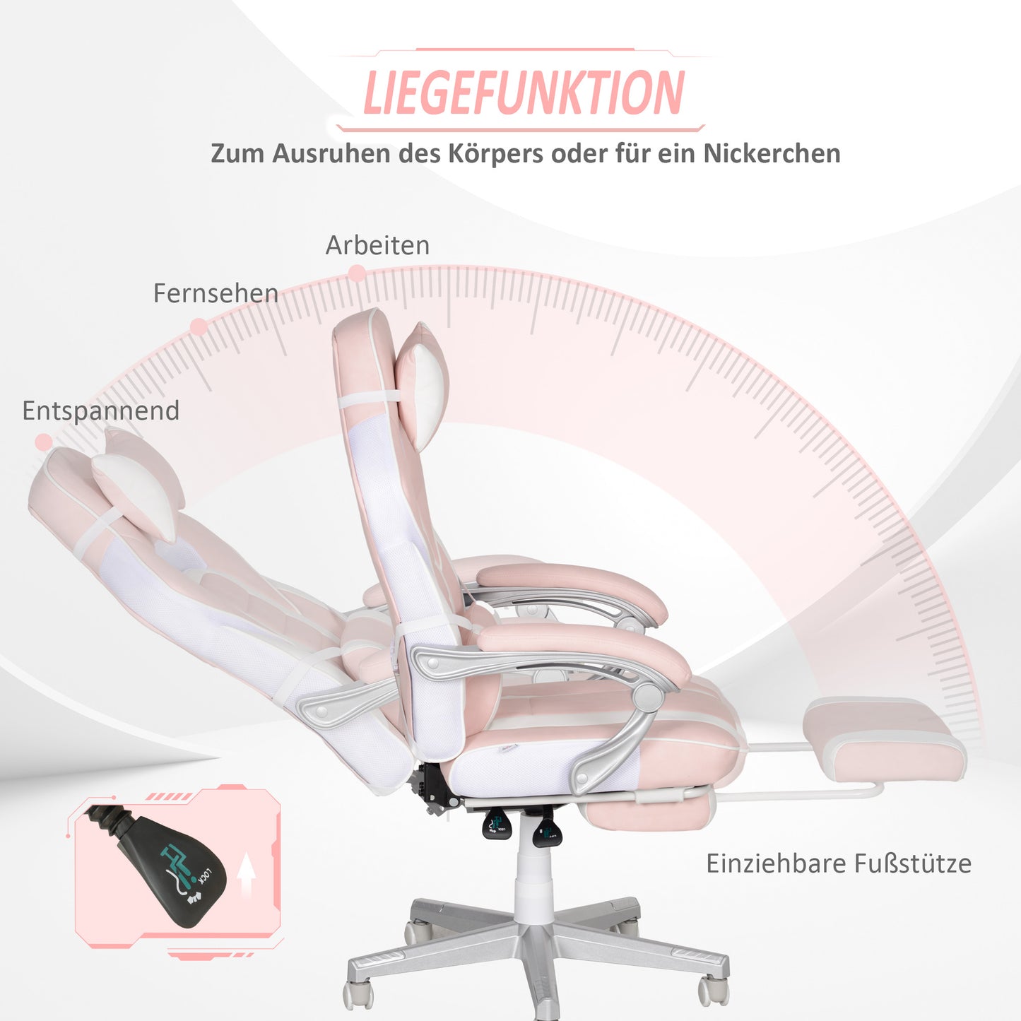 Gamingstoel – Game Stoel – Bureaustoel – Gamelounge Stoel – Draaistoel – Roze Kunstleer – Verstelbare Hoogte 48-55,5 cm – Kantelbare Rugleuning tot 150° met Voetensteun