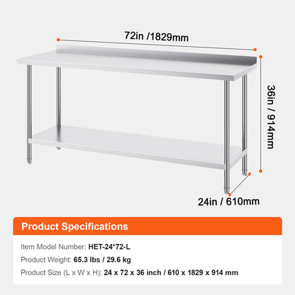 RVS Werktafel – Stalen Werkbank – Keuken Werkblad – Voedselbereidingstafel – Horeca Werktafel – 183x61x91 cm – Verstelbare Opbergruimte – Roestvrij Staal 0,8 mm