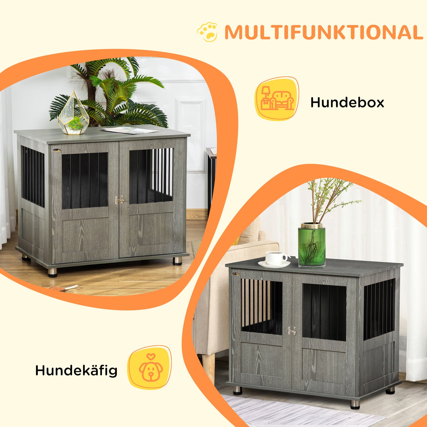 Hondenbench – Hondenkooi – Draadkooi – Hondenhok – Hondenbox – Magnetische Deur – Stevig Hout Met Metaal – 85x55x87 cm – Grijs