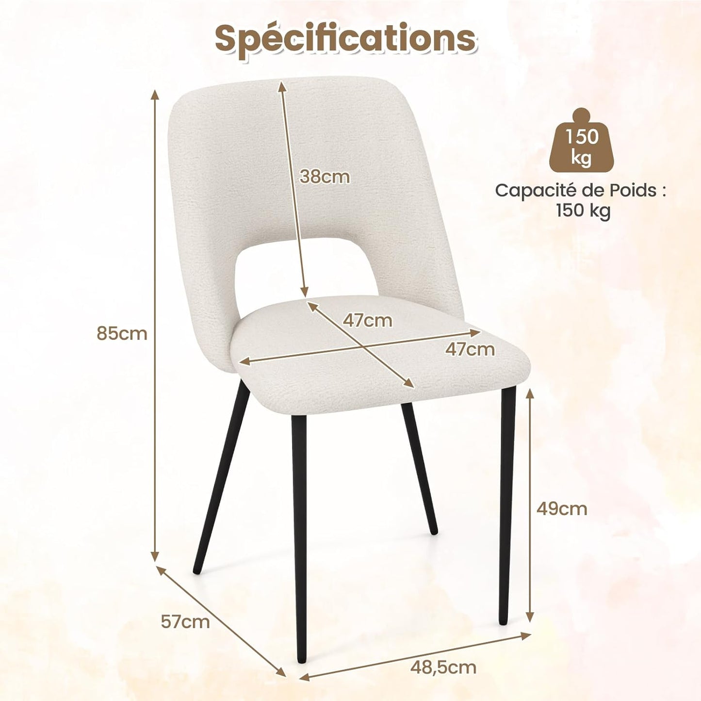 2-Delige Stoelenset – Eetkamerstoelen – Barkrukken – Keukenstoelen – Make-up Stoelen – Velvet Bekleding – Metalen Frame – Ergonomisch Design – Gewichtscapaciteit 150 kg – Witte Kleur
