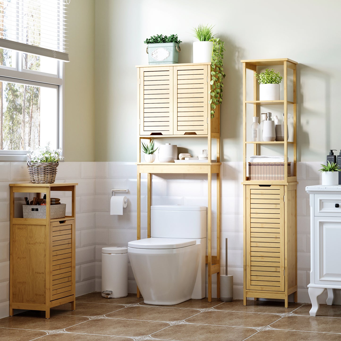 Bamboe Badkamerkast – Smalle Kast – Opbergkast – Badkamer Meubel – Hoog Kastje – Duurzaam Bamboe – Kantelbeveiliging – Compact 34x30x173 cm