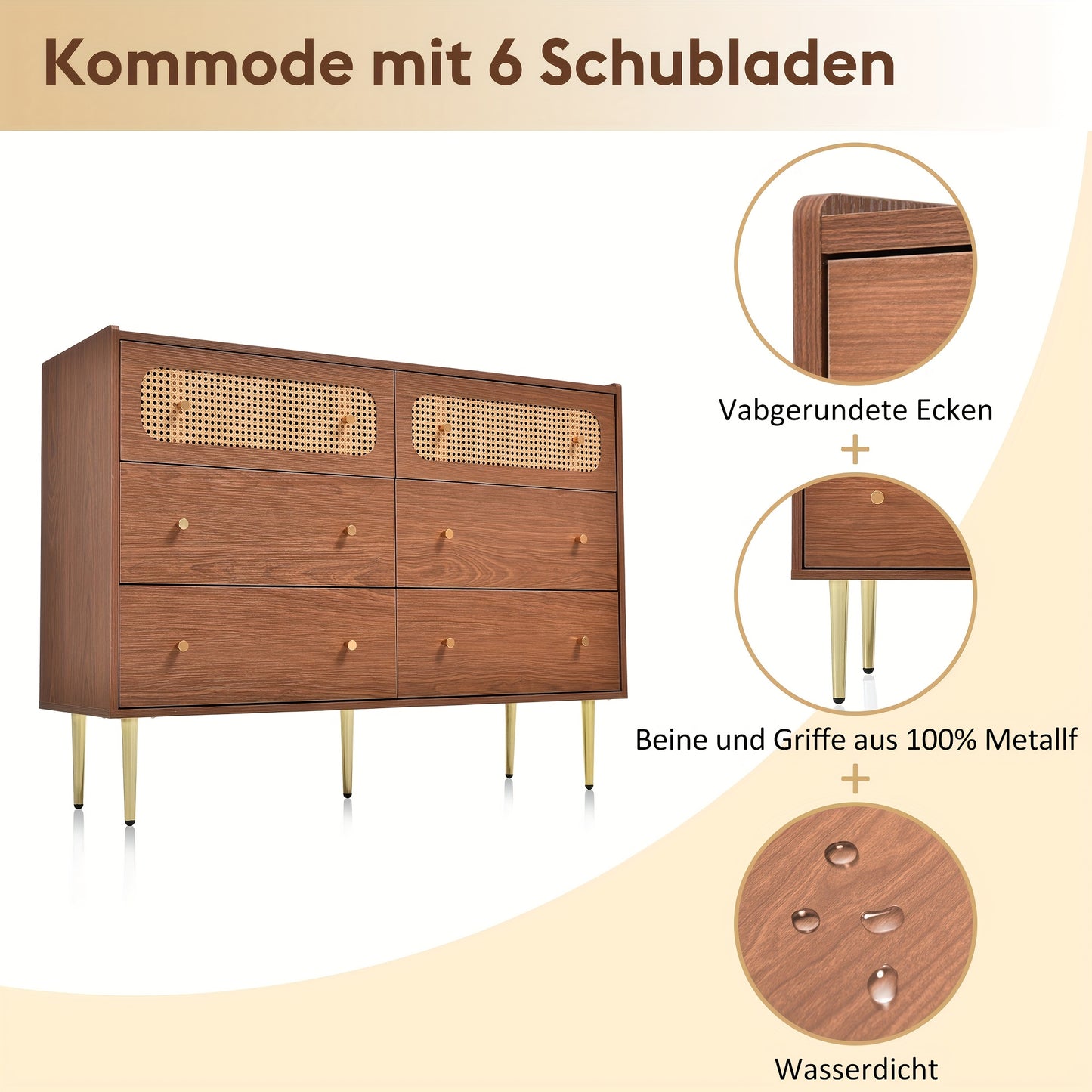 Ladekast – Ladenkast – Dressoir – Opbergkast – Kast – Walnoot Kleur – 6 Ruime Lades – Massief Hout Met Rattan Zijkanten
