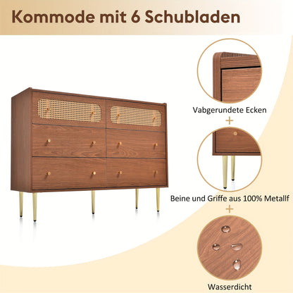 Ladekast – Ladenkast – Dressoir – Opbergkast – Kast – Walnoot Kleur – 6 Ruime Lades – Massief Hout Met Rattan Zijkanten