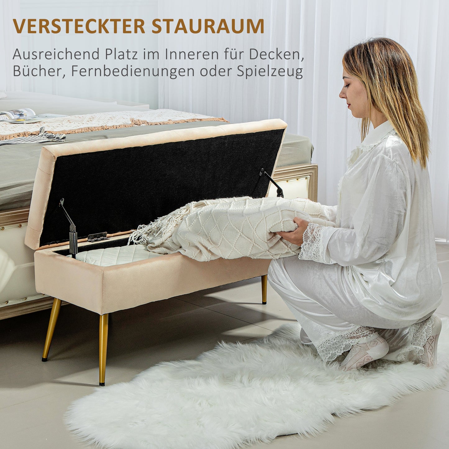 Opbergbank – Opbergbank – Poef – Zitbank – Hocker – Beige Velvet-Look – Getufte Bekleding – Stevig Metalen Frame – 102x35x43 cm