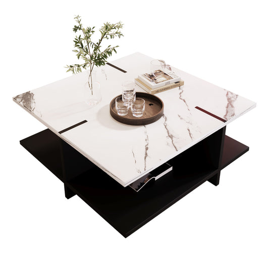 Salontafel – Koffietafel – Tafel – Bijzettafel – Modern – Strak Vierkant Design – Kunstmatig Hout – Wit Marmerlook – Eenvoudige Montage – Compact Formaat