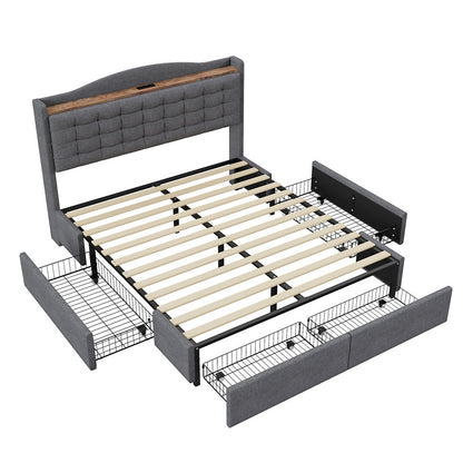 Ledikant 160x200 – Tweepersoonsbed – Bedframe – Opbergbed – Gestoffeerd Bed – Linnen Stof – Ingebouwde Oplaadpoort – 4 Laden Opbergruimte