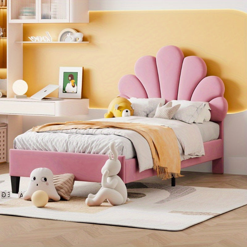 Meisjesbed 90x200 cm – Jongensbed – Kinderbed – Teenbed – Logeerbed – Roze Fluweel Gevoerd – Bloemvormige Rugleuning – Lattenbodem