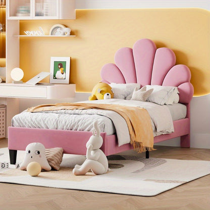 Meisjesbed 90x200 cm – Jongensbed – Kinderbed – Teenbed – Logeerbed – Roze Fluweel Gevoerd – Bloemvormige Rugleuning – Lattenbodem