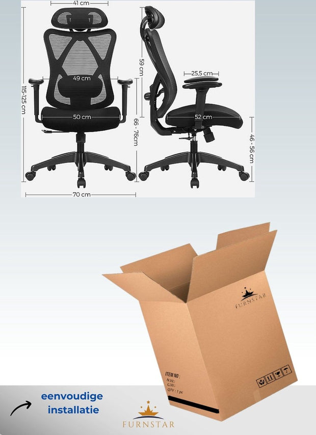 Bureaustoel - Ergonomische bureaustoel - Computerstoel - Mesh stoel - Verstelbare lendensteun en hoofdsteun - Maximale belasting 150 kg - Hoogte verstelbaar - Zwart