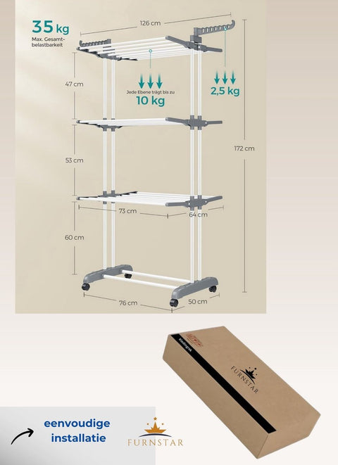 Droogrek - Staand droogrek - 4 niveaus - Vleugelwasrek - Opvouwbare vleugels - Met wielen - 64 x 126 x 172 cm - Grijs