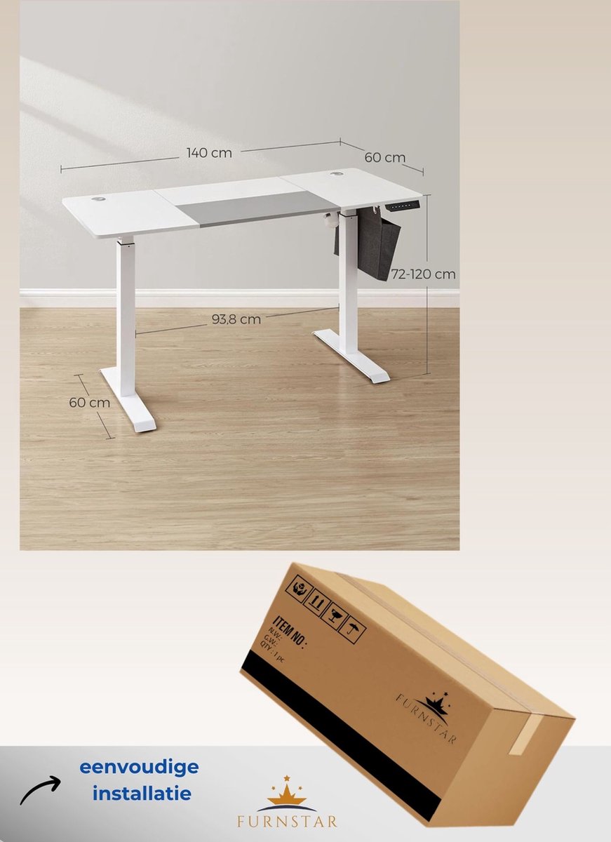 Verstelbaar bureau - In hoogte verstelbaar bureau elektrisch - bureau tafel - verstelbaar bureau elektrisch - , 60 x 140 x (72-120) cm - geheugenfunctie voor 4 hoogtes - voor thuiskantoor - werkkamer - Basiswit + duifgrijs.