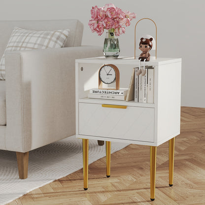 Moderne Minimalistische Nachtkast met 1 Lade en Gouden Poten – Ruimtebesparend Bedkastje met Open Plank, Duurzame Houtconstructie, Eenvoudig te Monteren – 68,6 cm Hoog – Ideaal voor Slaapkamer of Woonkamer