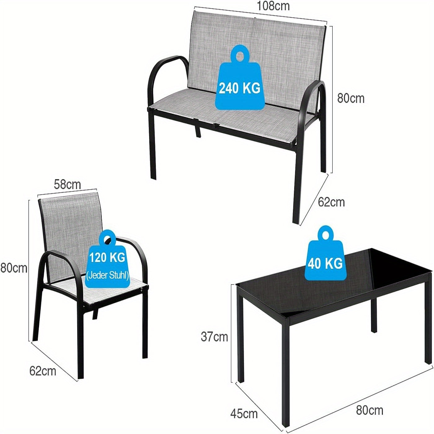 Tuinmeubelen – Loungeset – Zitgroep – Balkonset – Loungeset Balkon – Weerbestendig Stalen Frame – Ademend Waterafstotend Stof – Inclusief Glazen Koffietafel