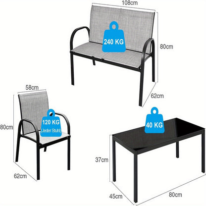 Tuinmeubelen – Loungeset – Zitgroep – Balkonset – Loungeset Balkon – Weerbestendig Stalen Frame – Ademend Waterafstotend Stof – Inclusief Glazen Koffietafel