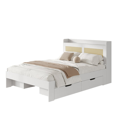 Bedkasten – Opbergbed – Tweepersoonsbed – Massief Houten Bed – Opbergladen – 140x200 cm – Rattan Decoratie – Ruime Opberglades
