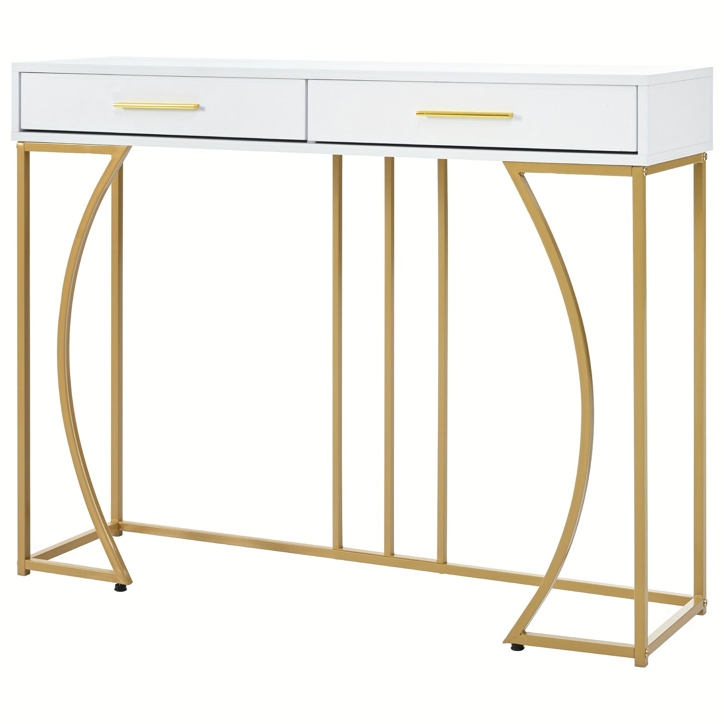 Sidetable – Consoletafel – Wandtafel – Haltafel – Bijzettafel – Modern – Met 2 Laden – Metaal Frame – Wit Met Gouden Poten – Compact 120x38x76 cm
