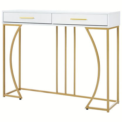 Sidetable – Consoletafel – Wandtafel – Haltafel – Bijzettafel – Modern – Met 2 Laden – Metaal Frame – Wit Met Gouden Poten – Compact 120x38x76 cm