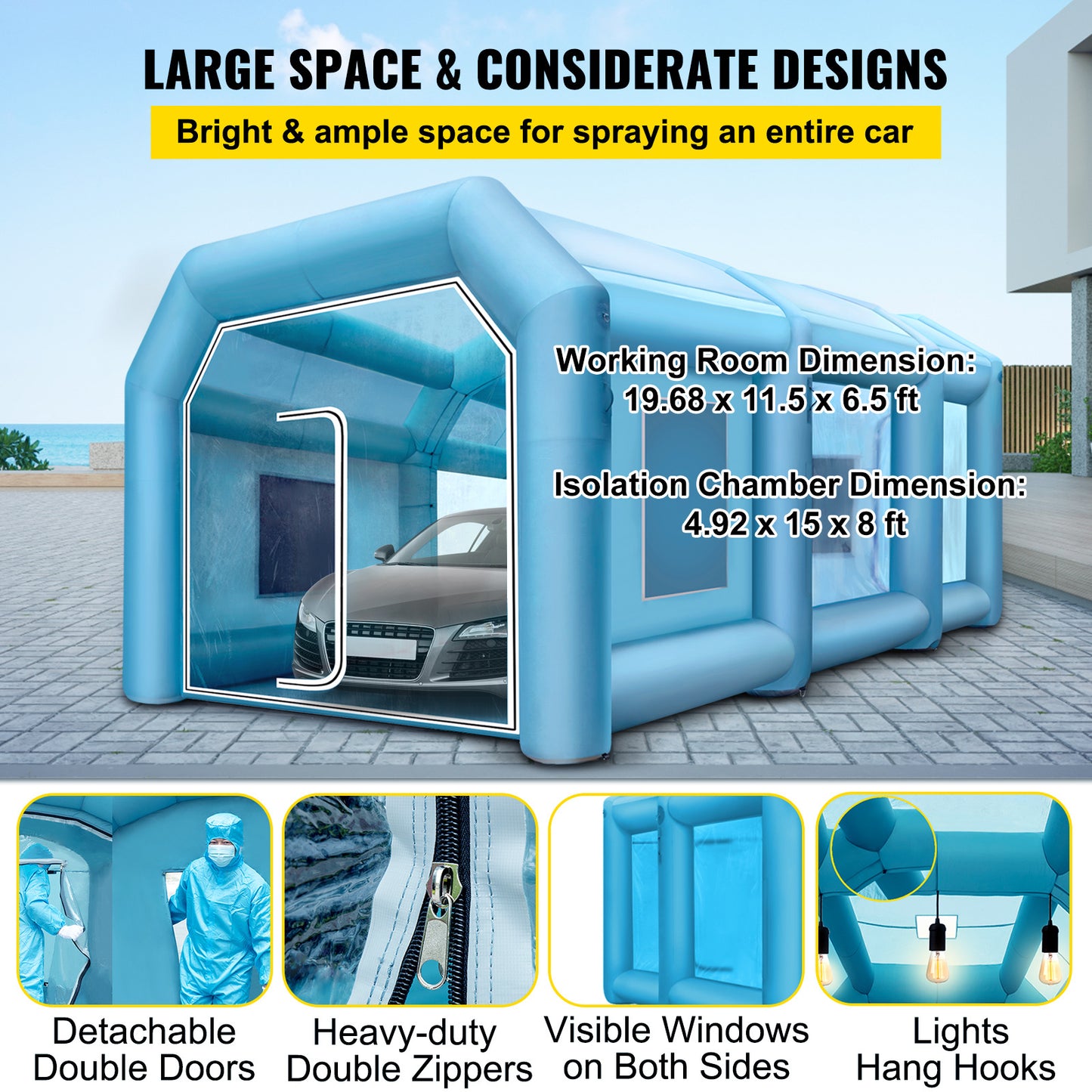 Opblaasbare Spuitcabine – Mobiele Verfcabine – Schildertent – Spuitcabine Auto – Verfspuit Tent – Groot Werkruimte 6x3,5x2,5m – Stevig 210D Oxford Stof Met Ventilatiesysteem