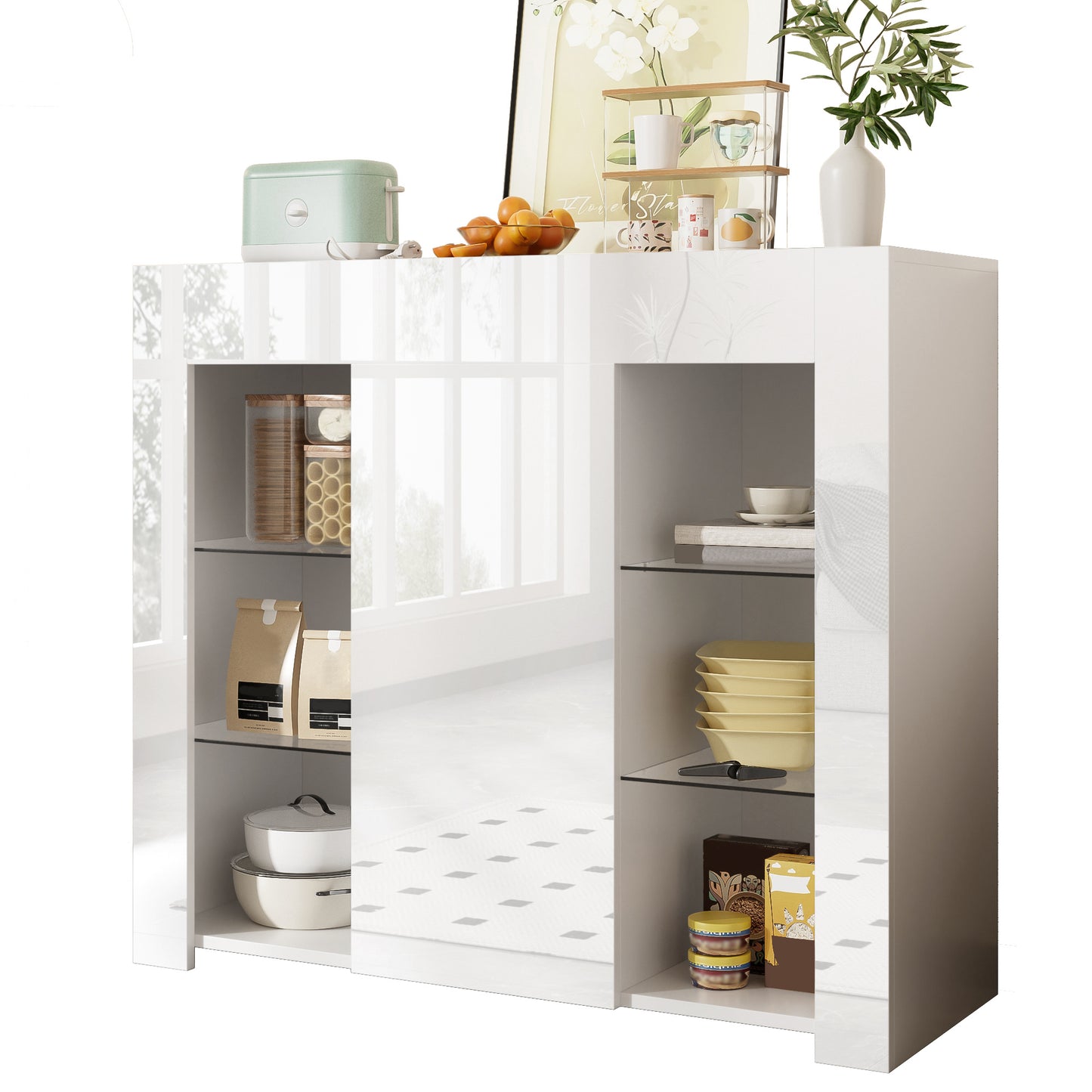 Sideboard – Dressoir – Opbergkast – Buffetkast – Wit Hoogglans – Glazen Legplanken – Compact 95x35x83 cm