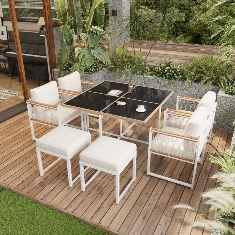 Tuinset – Diningset – Bistroset – Buitenmeubelset – Loungeset – 7-delig – 6 Personen – Tafel met Gehard Glas – Stoelen met PE Rattan en Acacia Hout