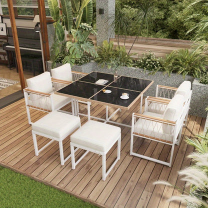Tuinset – Diningset – Bistroset – Buitenmeubelset – Loungeset – 7-delig – 6 Personen – Tafel met Gehard Glas – Stoelen met PE Rattan en Acacia Hout