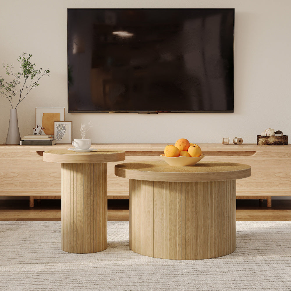 Dubbele Ronde Salontafels – Salontafel Set – Bijzettafel – Side Table – Woonkamertafel – Ruimtebesparend Ontwerp – Houtlook Metalen Frame