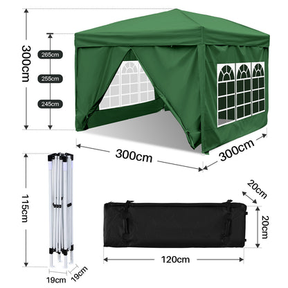 Partytent – Tuinent – Paviljoen – Easy-up Tent – Vouwtent – 3x3 Meter Met Zijwanden – Waterdicht 210D Oxford Stof – Verstelbaar Staal Frame - Groen