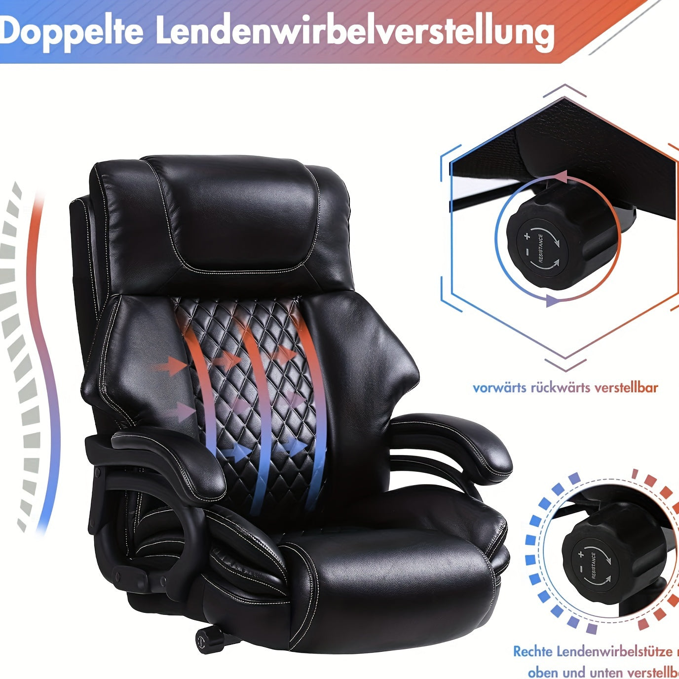 Bureaustoel – Office Chair – Draaistoel – Desk Chair – Executive Chair – Ergonomisch – Hoog Draagvermogen 200 kg – Verstelbare Lendensteun – Leder Zwart