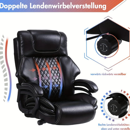 Bureaustoel – Office Chair – Draaistoel – Desk Chair – Executive Chair – Ergonomisch – Hoog Draagvermogen 200 kg – Verstelbare Lendensteun – Leder Zwart