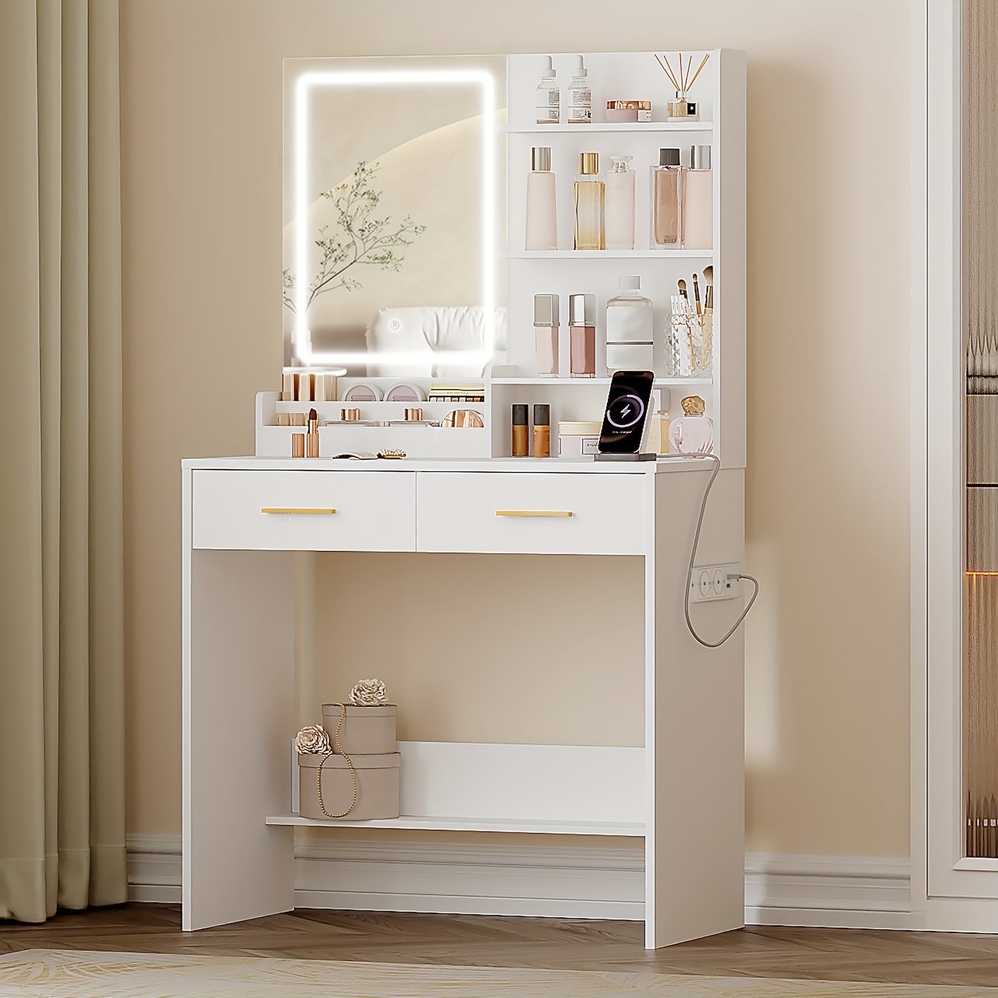 Kaptafel – Make-up tafel – Sieradendoos – Spiegelkast – Opbergmeubel – Wit – Verstelbare LED-verlichting – 2 Stopcontacten & 2 USB-poorten