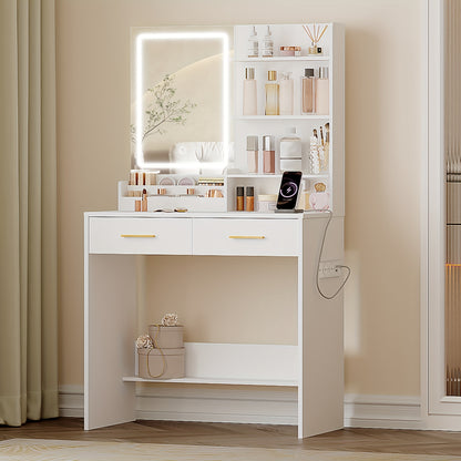 Kaptafel – Make-up tafel – Sieradendoos – Spiegelkast – Opbergmeubel – Wit – Verstelbare LED-verlichting – 2 Stopcontacten & 2 USB-poorten