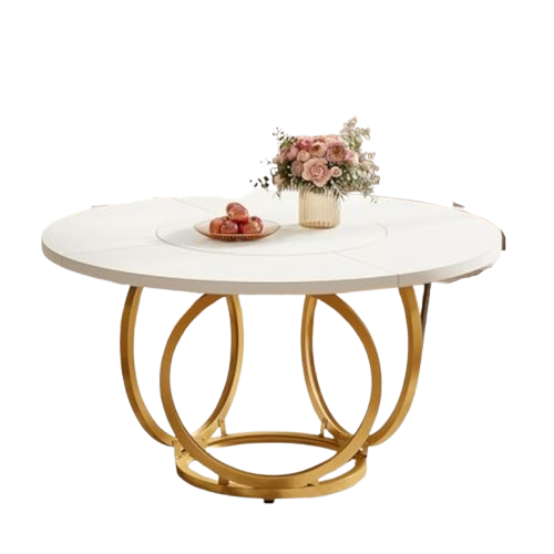 Ronde Eettafel – Houten Tafel – Eetkamertafel – Keukentafel – Moderne Tafel – Wit Tafelblad – Gouden Metalen Onderstel – 120 cm Diameter – Kras- en Hittebestendig MDF – Geschikt voor 4-6 Personen
